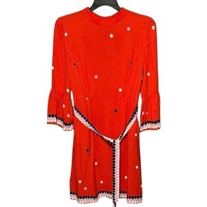 Boden Armelle Red Spot Midi Dress 10R Flare Elbow Sleeve Waist Tie